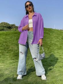 SHEIN EZwear 大碼素色落肩袖襯衫 - 紫丁香色 - 查看 4