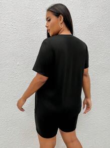 SHEIN EZwear 大碼水鑽字母圖案T恤和機車短褲 - 黑色 - 查看 2
