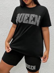 SHEIN EZwear 大碼水鑽字母圖案T恤和機車短褲 - 黑色 - 查看 4
