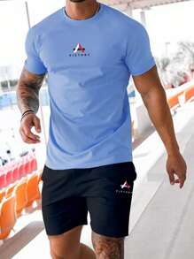 Manfinity Homme 男士字母圖案T恤&腰部抽繩短褲 - 彩色 - 查看 1