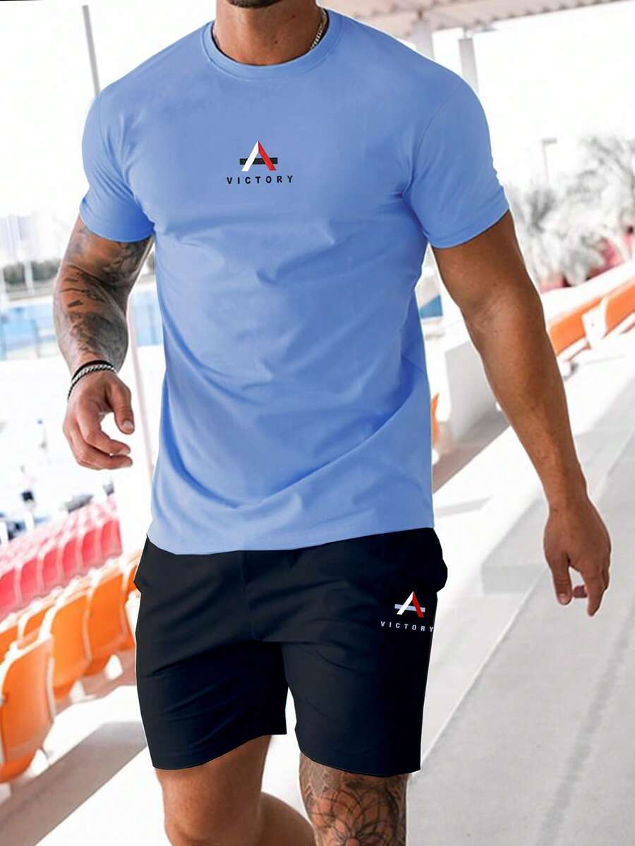 Manfinity Homme 男士字母圖案T恤&腰部抽繩短褲 - 彩色 - 查看 1