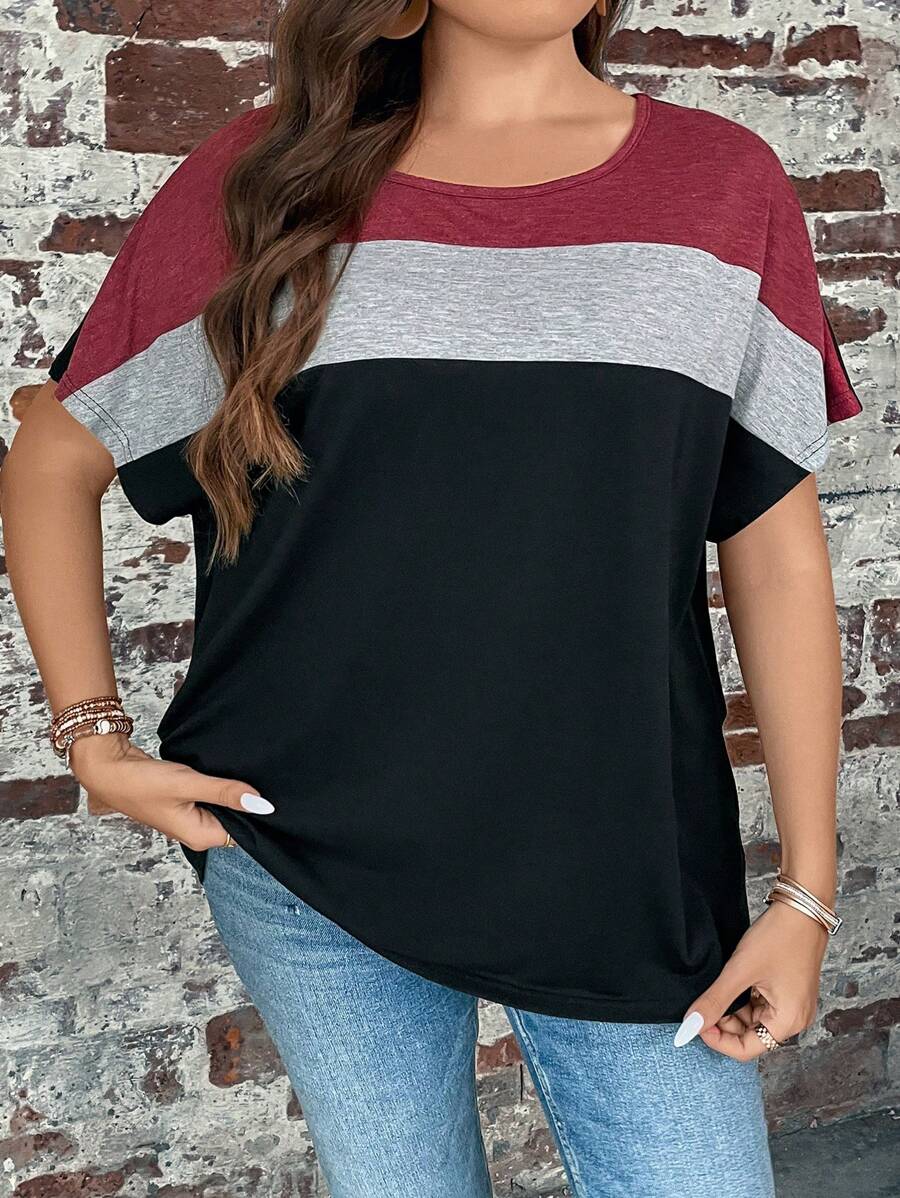 SHEIN LUNE Plus Colourblock Batwing Sleeve Tee - Burgundy - View 1