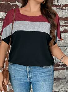 SHEIN LUNE Plus Colourblock Batwing Sleeve Tee - Burgundy - View 3
