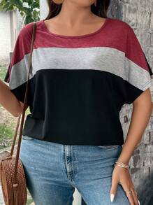 SHEIN LUNE Plus Colourblock Batwing Sleeve Tee - Burgundy - View 4