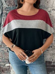 SHEIN LUNE Plus Colourblock Batwing Sleeve Tee - Burgundy - View 5