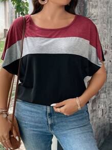 SHEIN LUNE Plus Colourblock Batwing Sleeve Tee - Burgundy - View 6