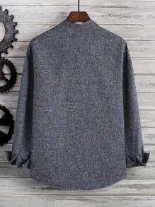 Calvornis Loose Fit Men's Solid Color Plain Urban Button-Up Long Sleeve Shirt, For Husband, Fall, Old Money Style - Dark Grey - View 2