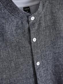 Calvornis Loose Fit Men's Solid Color Plain Urban Button-Up Long Sleeve Shirt, For Husband, Fall, Old Money Style - Dark Grey - View 3