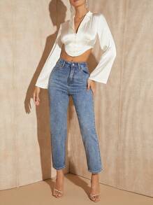 SHEIN BAE 西裝領鐘形袖短款緞面襯衫