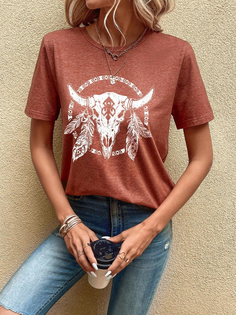 SHEIN LUNE Casual And Simple Round Neck Short Sleeve T-Shirt With Cow Head Print For Women, Summer - Rust Brown - View 1