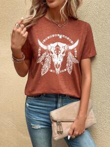SHEIN LUNE Casual And Simple Round Neck Short Sleeve T-Shirt With Cow Head Print For Women, Summer - Rust Brown - View 2