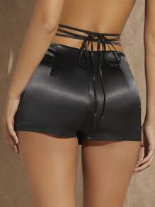 SHEIN BAE 素色前圍裹緞面裙裤 - 黑色 - 查看 2