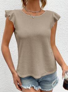 SHEIN Privé Button Back Ruffle Trim Tee - Khaki - View 2