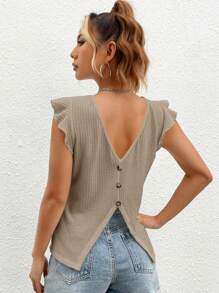 SHEIN Privé Button Back Ruffle Trim Tee - Khaki - View 3