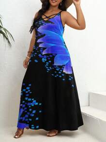 SHEIN VCAY 大碼波西米亞交叉花卉印花連衣裙 - 藍色 - 查看 4