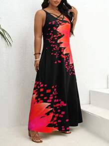 SHEIN VCAY Đầm Plus Size Hội Chữ thập Hoa Hình học Boho - Đỏ - Xem 3