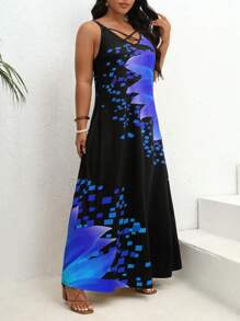 SHEIN VCAY 大碼波西米亞交叉花卉印花連衣裙 - 藍色 - 查看 5