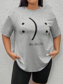 SHEIN EZwear Plus Slogan Graphic Drop Shoulder Tee - Grey - View 2