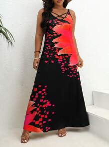 SHEIN VCAY Đầm Plus Size Hội Chữ thập Hoa Hình học Boho - Đỏ - Xem 4