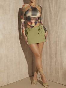 SHEIN BAE 側繫帶包臀半身裙 - 橄欖綠 - 查看 4