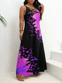 SHEIN VCAY Đầm Plus Size Hội Chữ thập Lộ Lưng Hoa Giải trí - Màu tím - Xem 3
