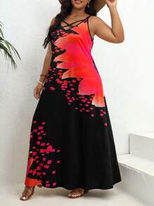 SHEIN VCAY Đầm Plus Size Hội Chữ thập Hoa Hình học Boho - Đỏ - Xem 5