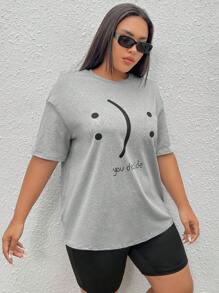 SHEIN EZwear Plus Slogan Graphic Drop Shoulder Tee - Grey - View 4