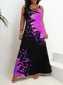 SHEIN VCAY Đầm Plus Size Hội Chữ thập Lộ Lưng Hoa Giải trí - Màu tím - Xem 4