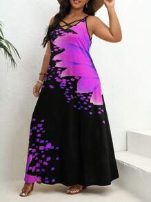 SHEIN VCAY Đầm Plus Size Hội Chữ thập Lộ Lưng Hoa Giải trí - Màu tím - Xem 5