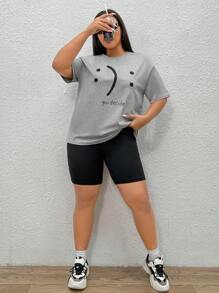 SHEIN EZwear Plus Slogan Graphic Drop Shoulder Tee - Grey - View 1