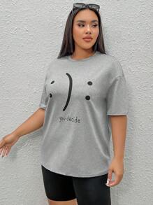 SHEIN EZwear Plus Slogan Graphic Drop Shoulder Tee - Grey - View 6