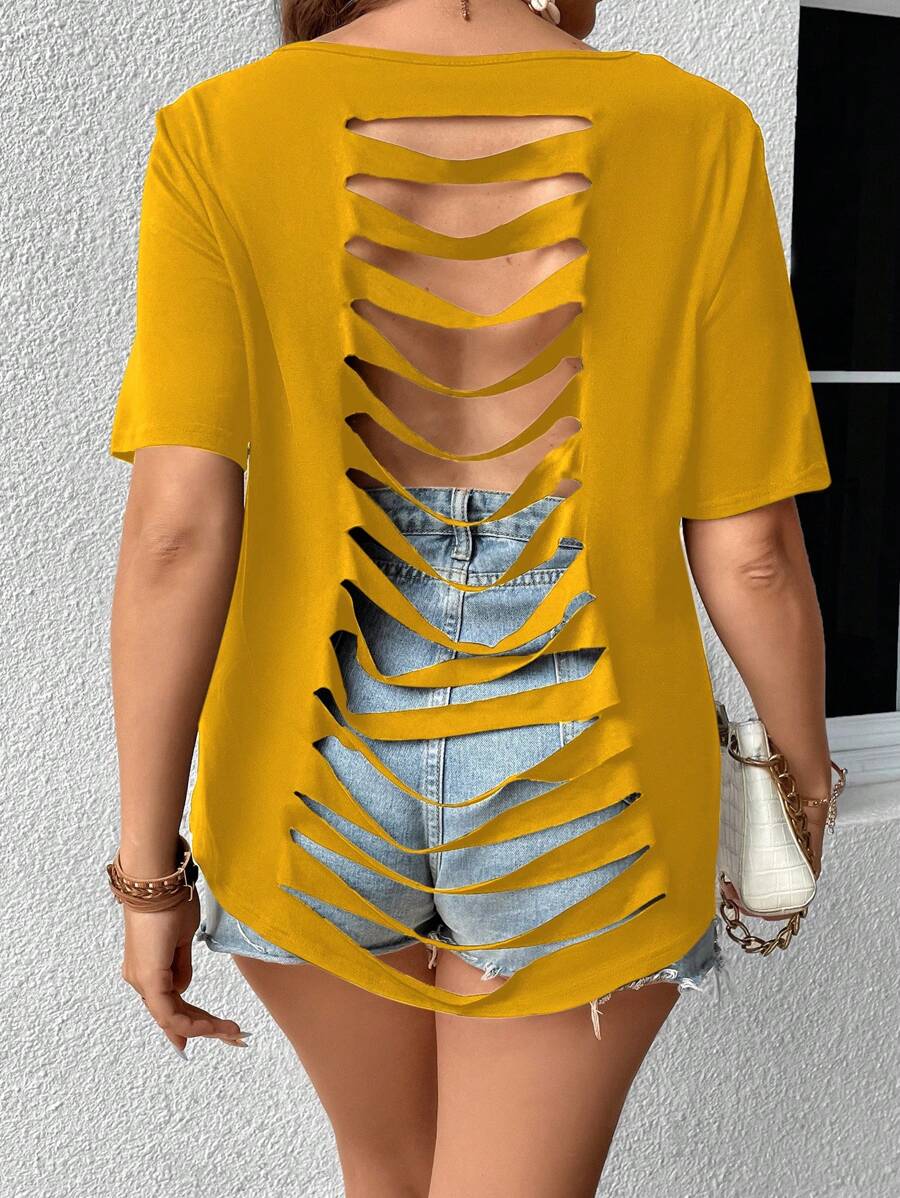 Calvaya Plus Ladder Cut Out Back Tee - Mustard Yellow - View 1