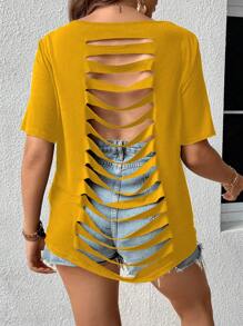 Calvaya Plus Ladder Cut Out Back Tee - Mustard Yellow - View 2
