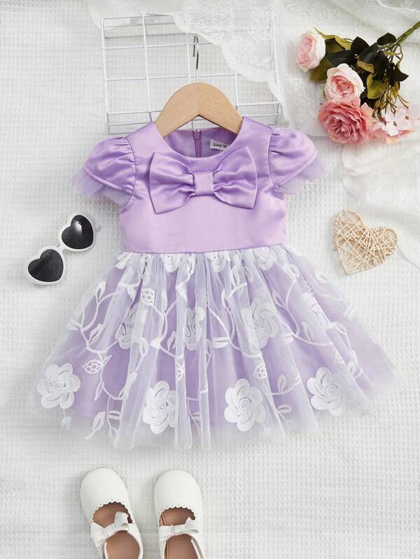 SHEIN Baby Floral Embroidery Bow Front Mesh Flare Hem Party Dress
