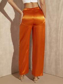 SHEIN BAE Satin Wide Leg Trousers - Orange - View 2