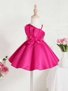 SHEIN Baby Girl Asymmetrical Neck Fold Pleated Detail Dress - Hot Pink - View 1