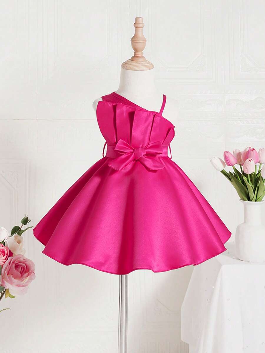 SHEIN Baby Girl Asymmetrical Neck Fold Pleated Detail Dress - Hot Pink - View 1