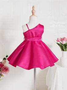 SHEIN Baby Girl Asymmetrical Neck Fold Pleated Detail Dress - Hot Pink - View 2