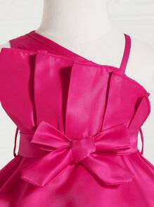 SHEIN Baby Girl Asymmetrical Neck Fold Pleated Detail Dress - Hot Pink - View 5
