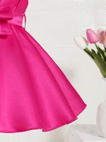 SHEIN Baby Girl Asymmetrical Neck Fold Pleated Detail Dress - Hot Pink - View 6