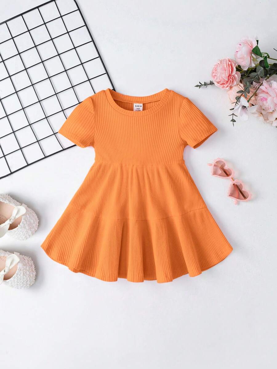 SHEIN Baby Girl Solid Color Ruffled Dress, Comfortable, Cute And Sweet, Suitable For Summer - Orange - View 1