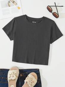 INAWLY T-shirt court unicolore col rond - Gris foncé - Voir 1