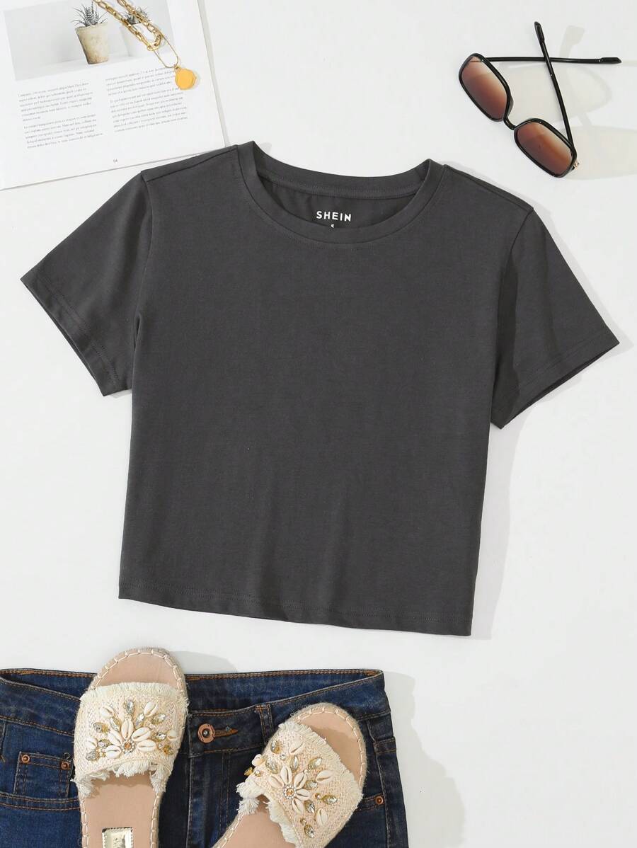 INAWLY T-shirt court unicolore col rond - Gris foncé - Voir 1