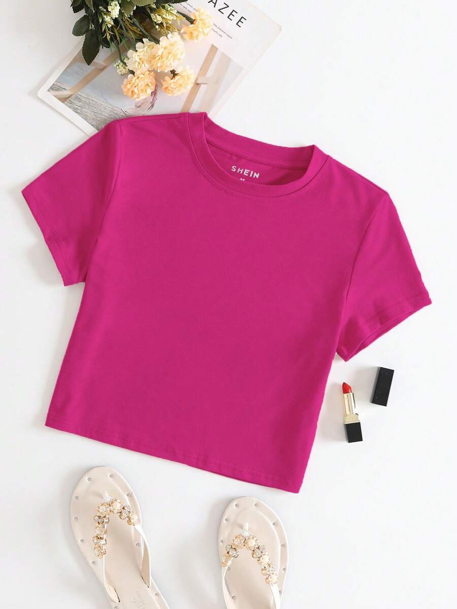 INAWLY 素色圓領短款T恤 - 玫紅色 - 查看 1