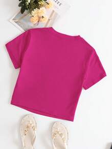 INAWLY 素色圓領短款T恤 - 玫紅色 - 查看 2