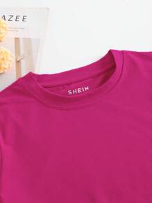 INAWLY 素色圓領短款T恤 - 玫紅色 - 查看 6