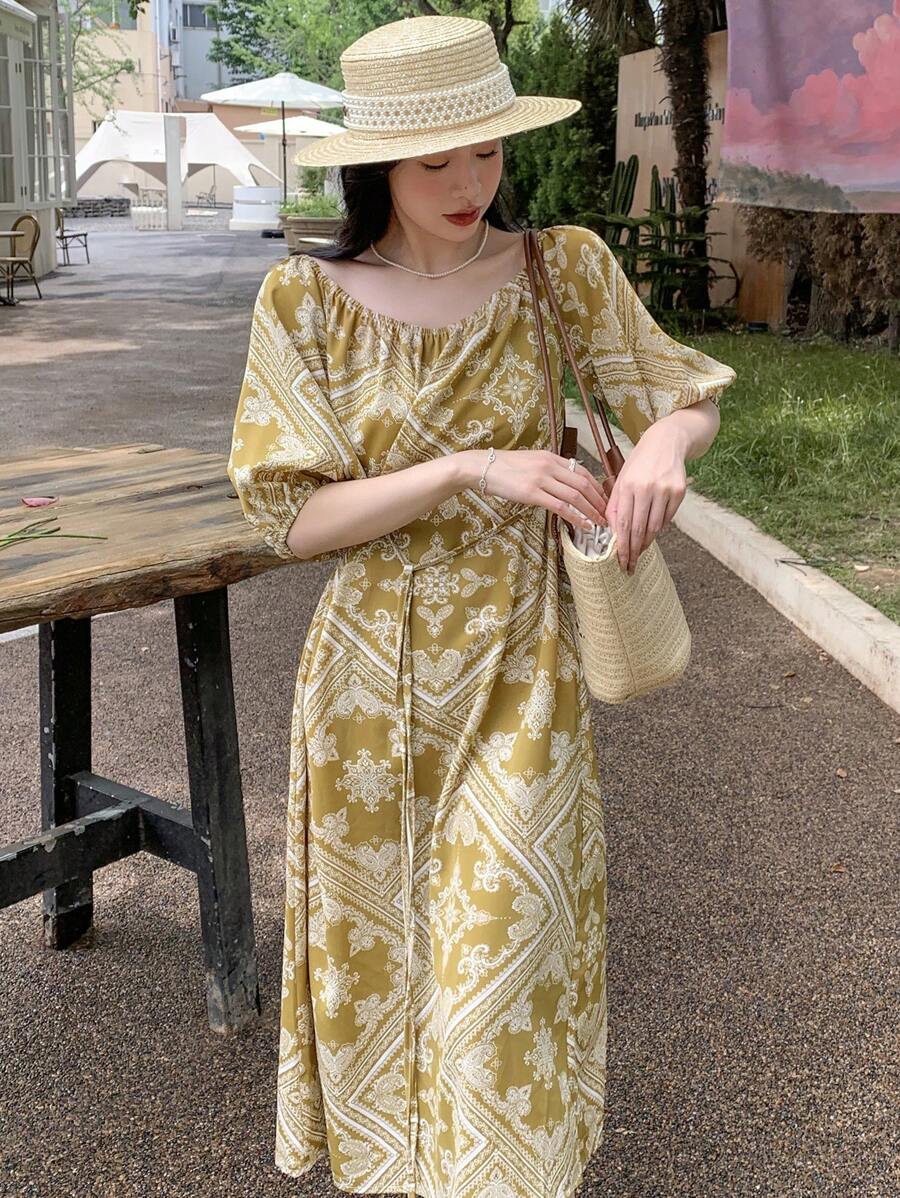 DAZY Đầm Thắt lưng Paisley Họa tiết khăn Boho - Nhiều màu - Xem 1