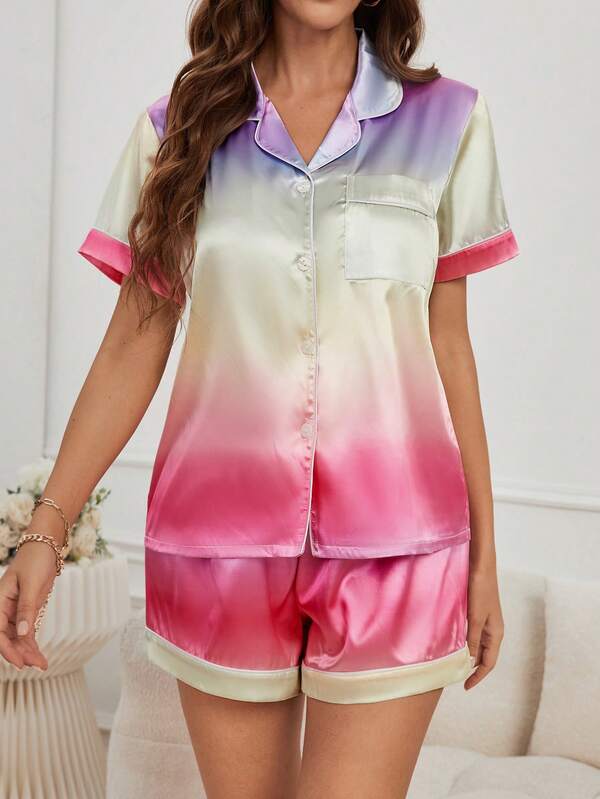 SHEIN Ombre Contrast Binding Satin PJ Set SHEIN USA