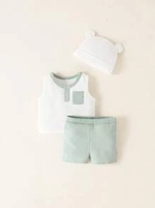 男嬰撞色滾邊口袋貼布背心上衣和短褲 - 彩色 - 查看 1