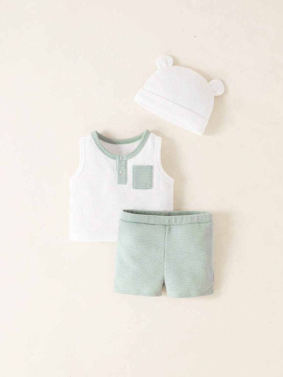 男嬰撞色滾邊口袋貼布背心上衣和短褲 - 彩色 - 查看 1